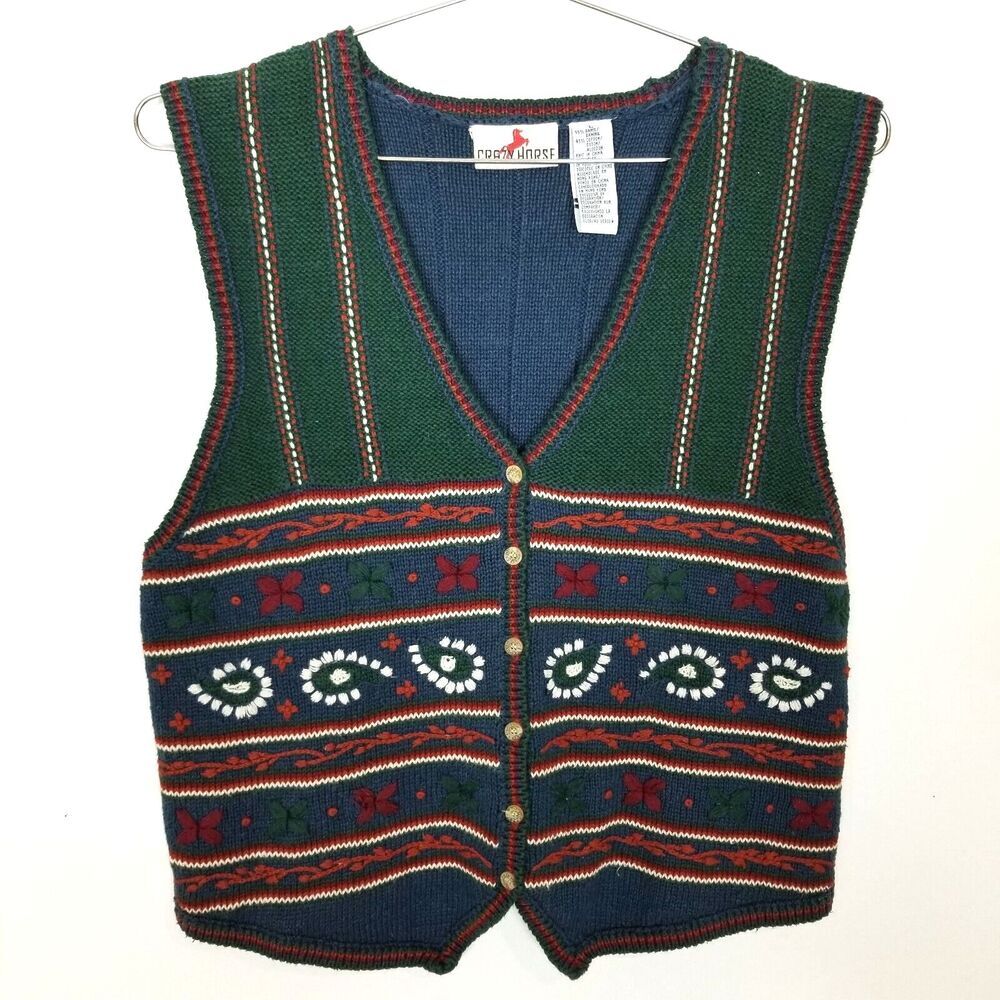 Crazy Horse Women Embroidered Embellished Vest Cardigan Sz L Boho Y2K Button Up